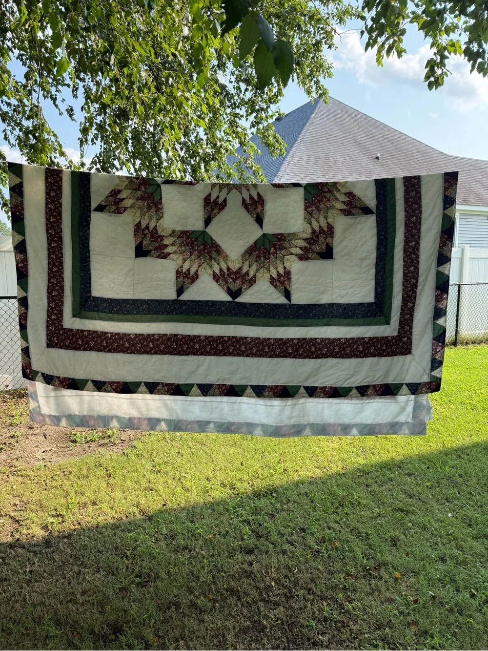 Vintage 100x90” Stitched Patchwork Star Quilt White, Burgundy, Green, Navy